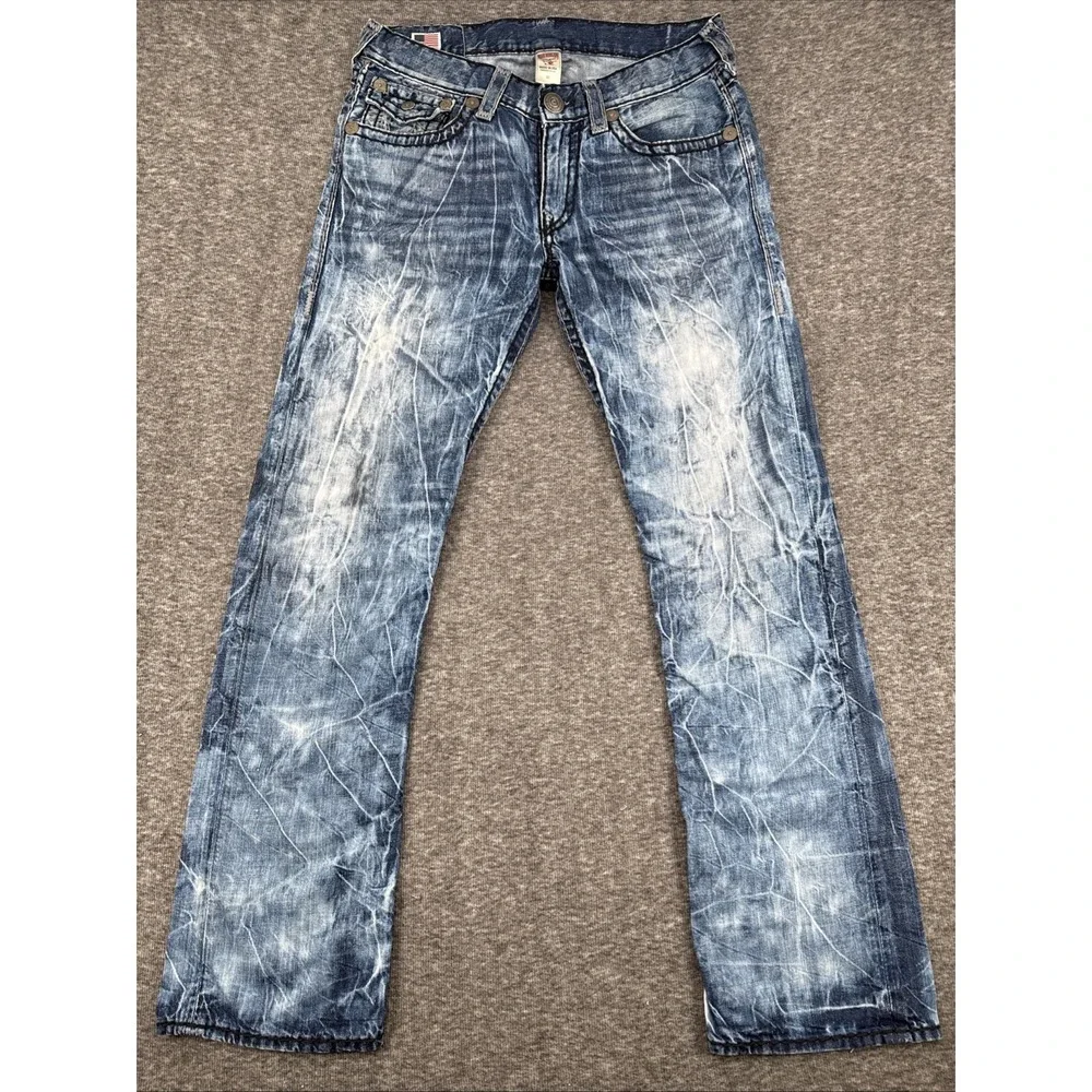 True Religion Ricky Super T Straight Leg Jeans Mens Size 33 Whiskered Wash USA